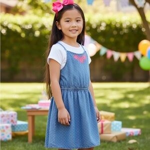 Gymboree Blue Denim Jumper with Pink Heart Embroidered Accent Size 6 Cutout Back